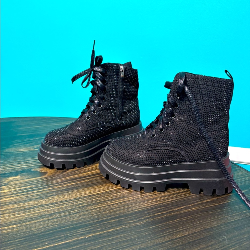 Rhinestone Thick-Heel Casual Lace-Up Boots, Never worn.
